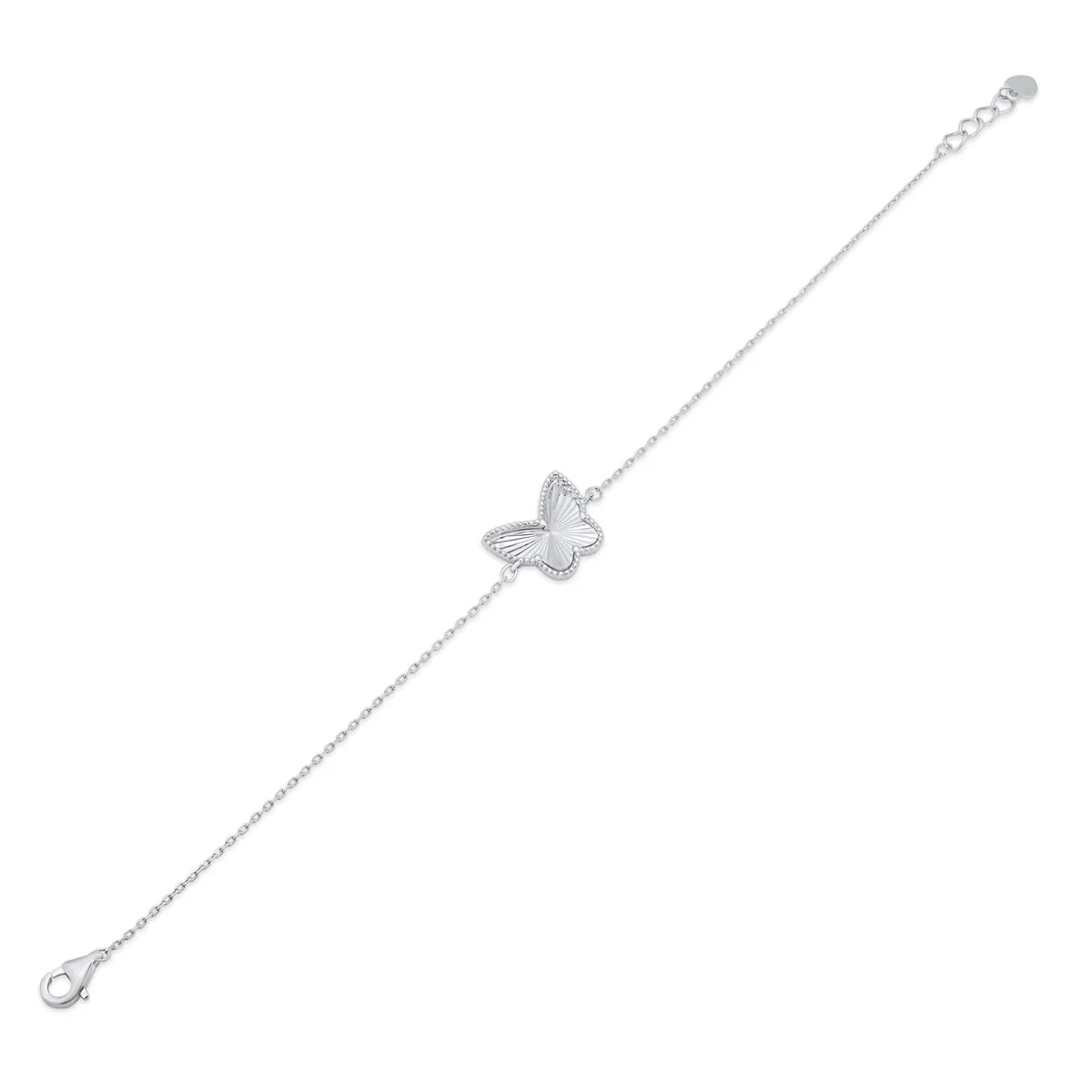 925 Sterling Silver Rhodium Plated Diamond Cut Butterfly Charm 15.3mm x 12mm Adjustable Bracelet