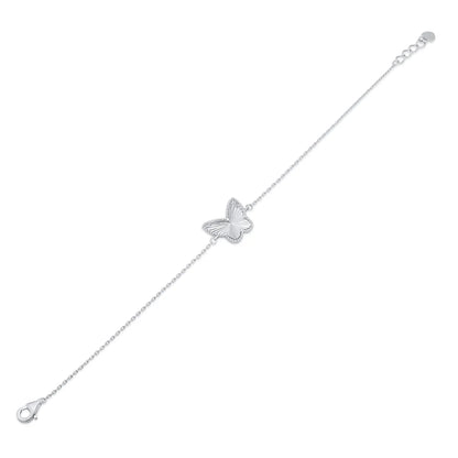 925 Sterling Silver Rhodium Plated Diamond Cut Butterfly Charm 15.3mm x 12mm Adjustable Bracelet