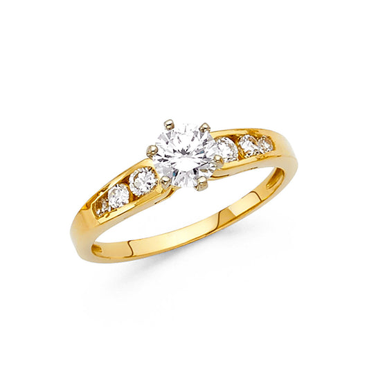 14K Yellow Gold Round Cut Solitaire CZ Ring with Side CZ Accents