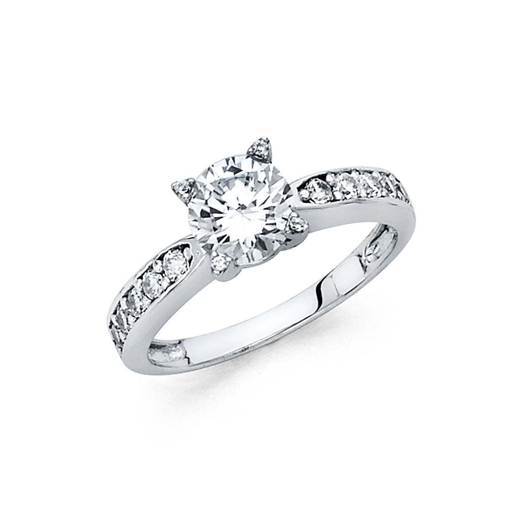 14K White Gold Women’s Round Cut Solitaire CZ Ring with Accented Shank