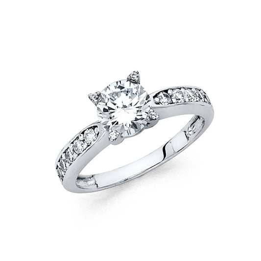 14K White Gold Women’s Round Cut Solitaire CZ Ring with Accented Shank