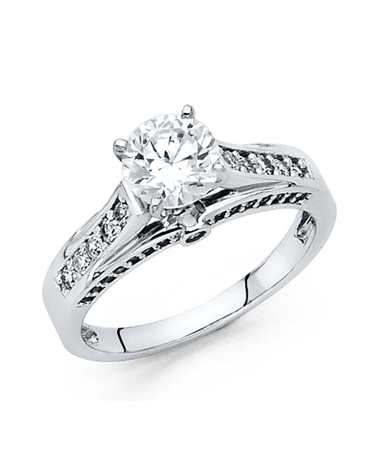 14K White Gold Women’s Solitaire Design CZ Ring with Side CZ Accents