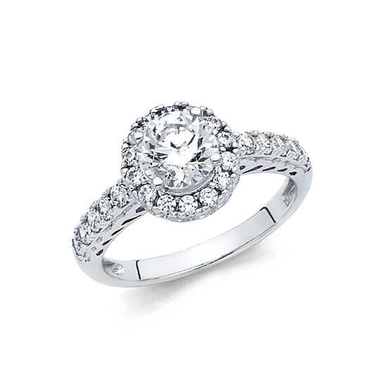 14K White Gold Women's Halo Engagement Ring accented with Cubic Zirconias - 1.25 ct. CZ Round Center and .25 ct. CZ Side Stones