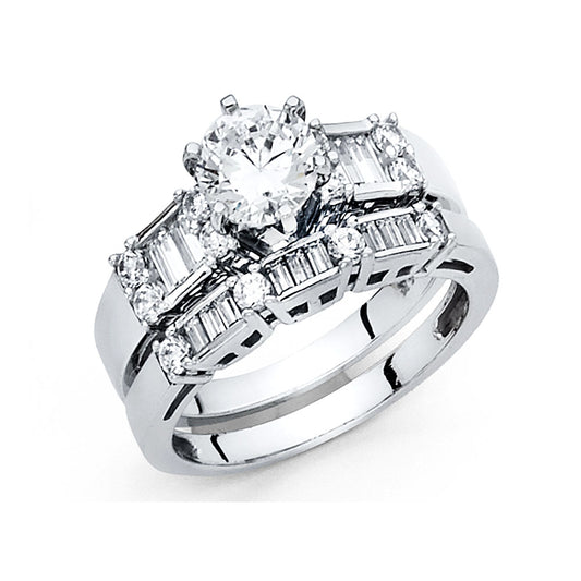 14K White Gold 2-Piece 14K Wedding Band Set with Round Center CZ and Baguette Accents