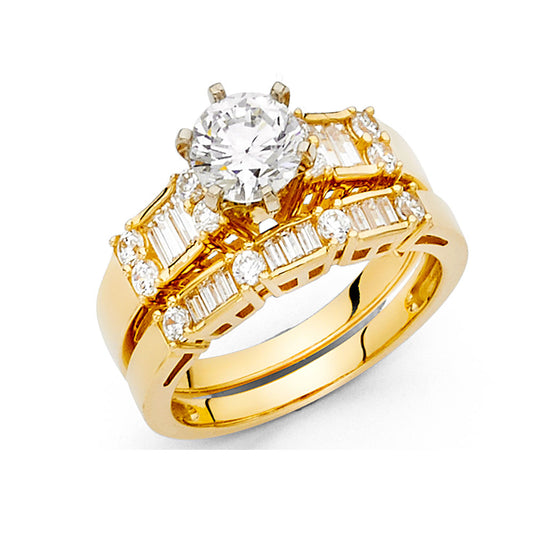 14K Yellow Gold 2-Piece 14K Wedding Band Set with Round Center CZ and Baguette Accents