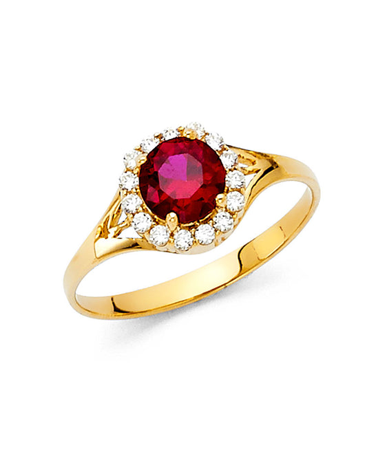 14K Yellow Gold Synthetic Red Ruby CZ Halo Solitaire Women’s Ring
