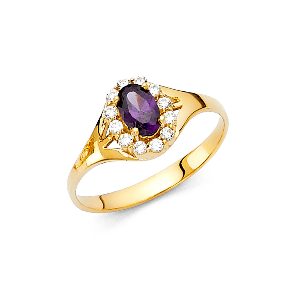 14K Yellow Gold Synthetic Amethyst Purple CZ Halo Solitaire Women’s Ring