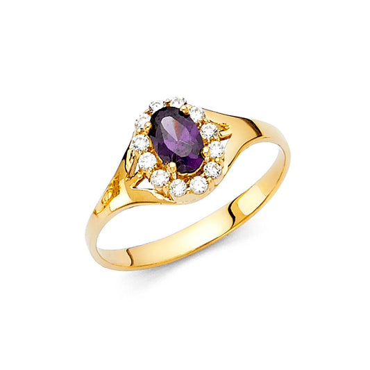 14K Yellow Gold Synthetic Amethyst Purple CZ Halo Solitaire Women’s Ring