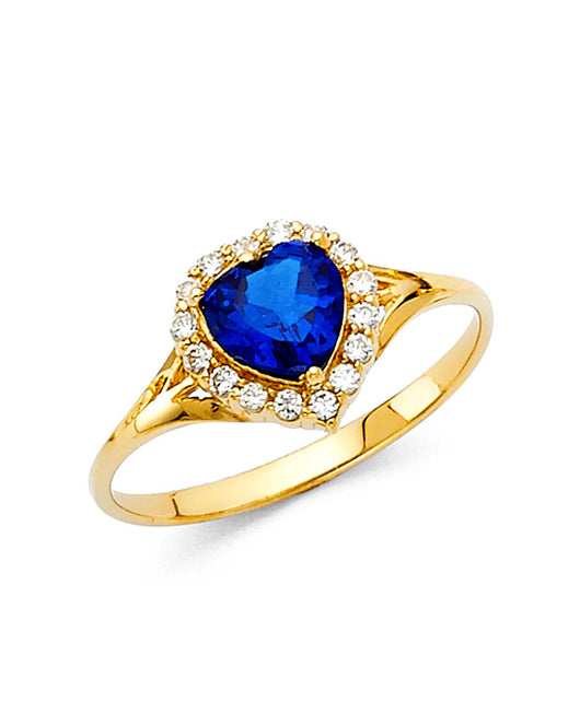 14K Yellow Gold Synthetic Sapphire Blue CZ Heart Halo Solitaire Women’s Ring