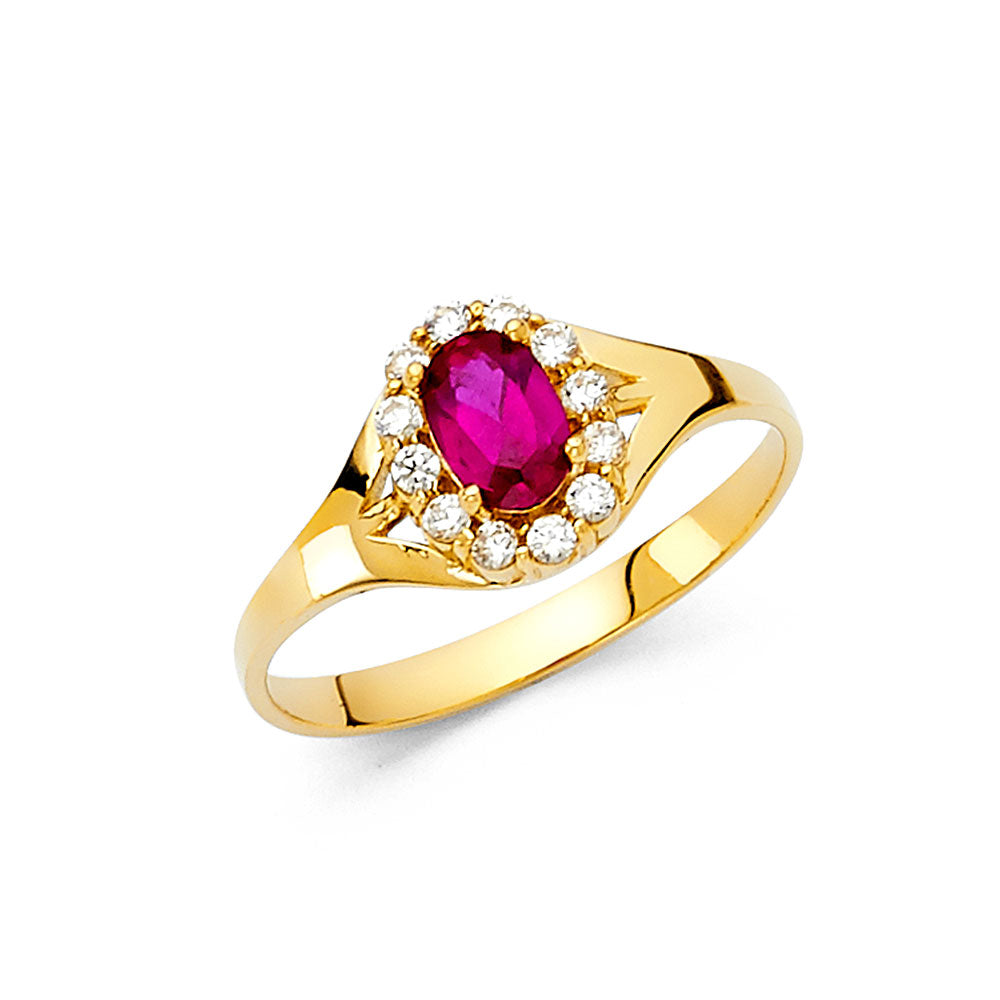 14K Yellow Gold Synthetic Ruby Red CZ Halo Solitaire Women’s Ring