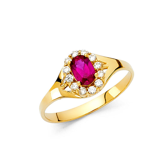 14K Yellow Gold Synthetic Ruby Red CZ Halo Solitaire Women’s Ring