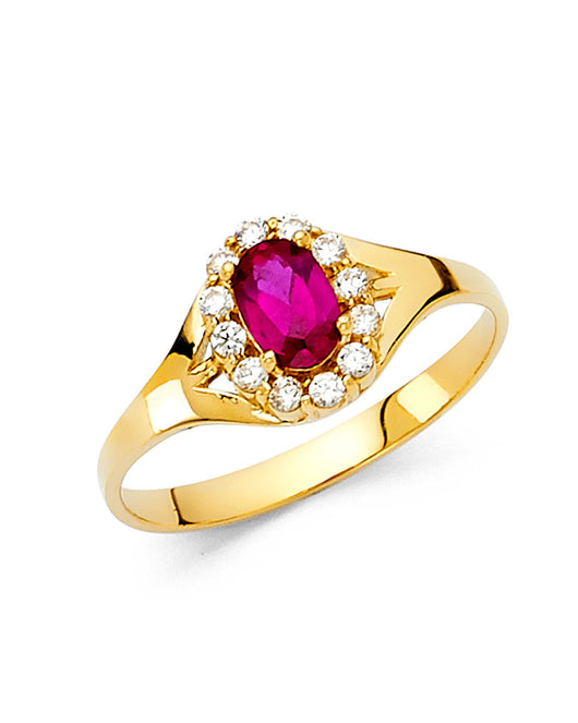14K Yellow Gold Synthetic Ruby Red CZ Halo Solitaire Women’s Ring