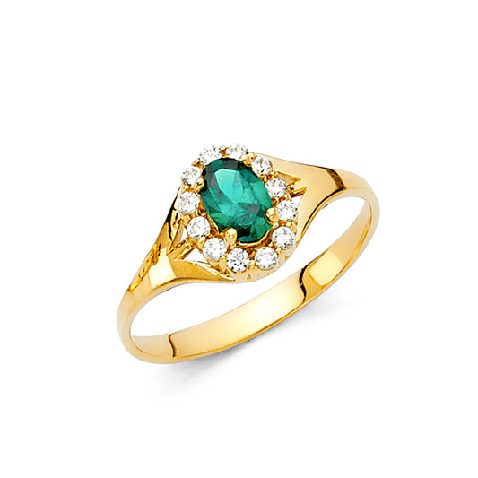 14K Yellow Gold Green CZ Halo Solitaire Women’s Ring