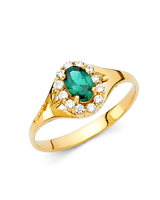 14K Yellow Gold Green CZ Halo Solitaire Women’s Ring
