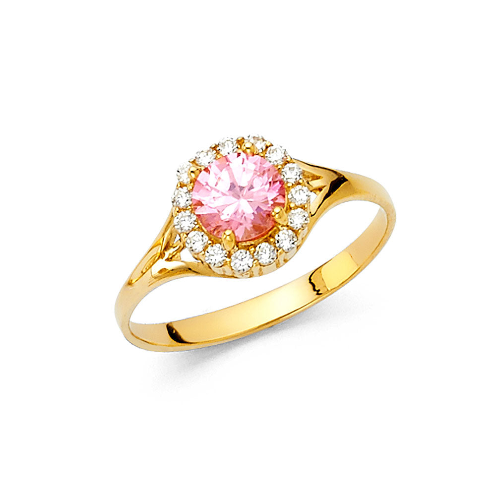 14K Yellow Gold Pink CZ Halo Solitaire Women’s Ring