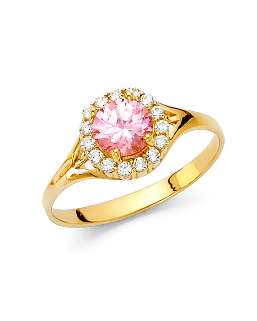 14K Yellow Gold Pink CZ Halo Solitaire Women’s Ring