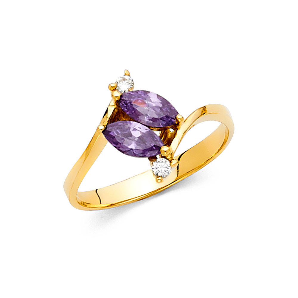 14K Yellow Gold Marquise Design Purple Stone & CZ Ring