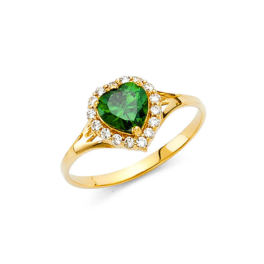 14K Yellow Gold Green CZ Heart Halo Solitaire Women’s Ring