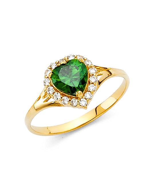 14K Yellow Gold Green CZ Heart Halo Solitaire Women’s Ring
