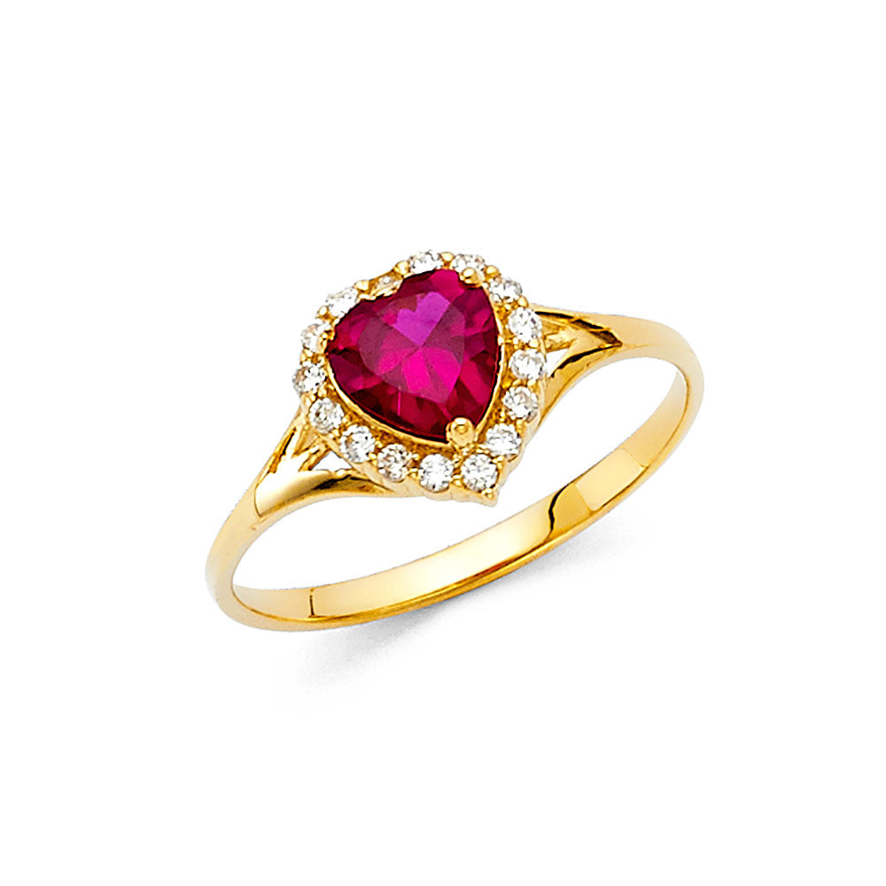 14K Yellow Gold Red CZ Heart Halo Solitaire Women’s Ring