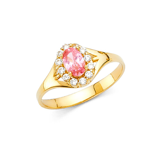 14K Yellow Gold Pink CZ Halo Solitaire Women’s Ring