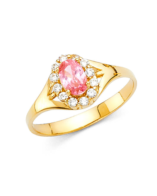 14K Yellow Gold Pink CZ Halo Solitaire Women’s Ring