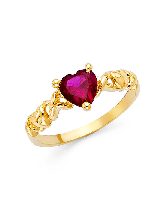 14K Yellow Gold Synthetic Red Ruby CZ Heart Solitaire Women’s Ring