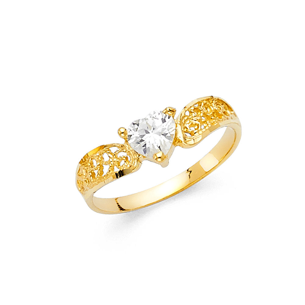 14K Yellow Gold Filigree Design Heart Solitaire CZ Women’s Ring