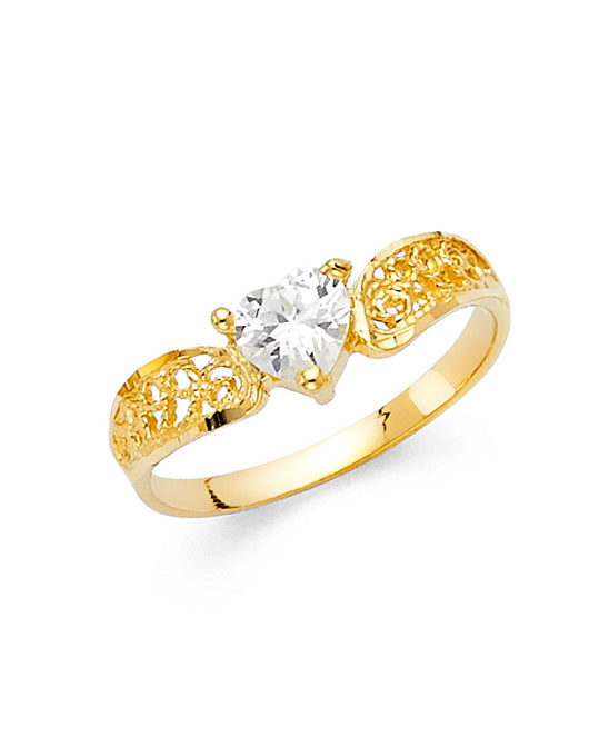 14K Yellow Gold Filigree Design Heart Solitaire CZ Women’s Ring