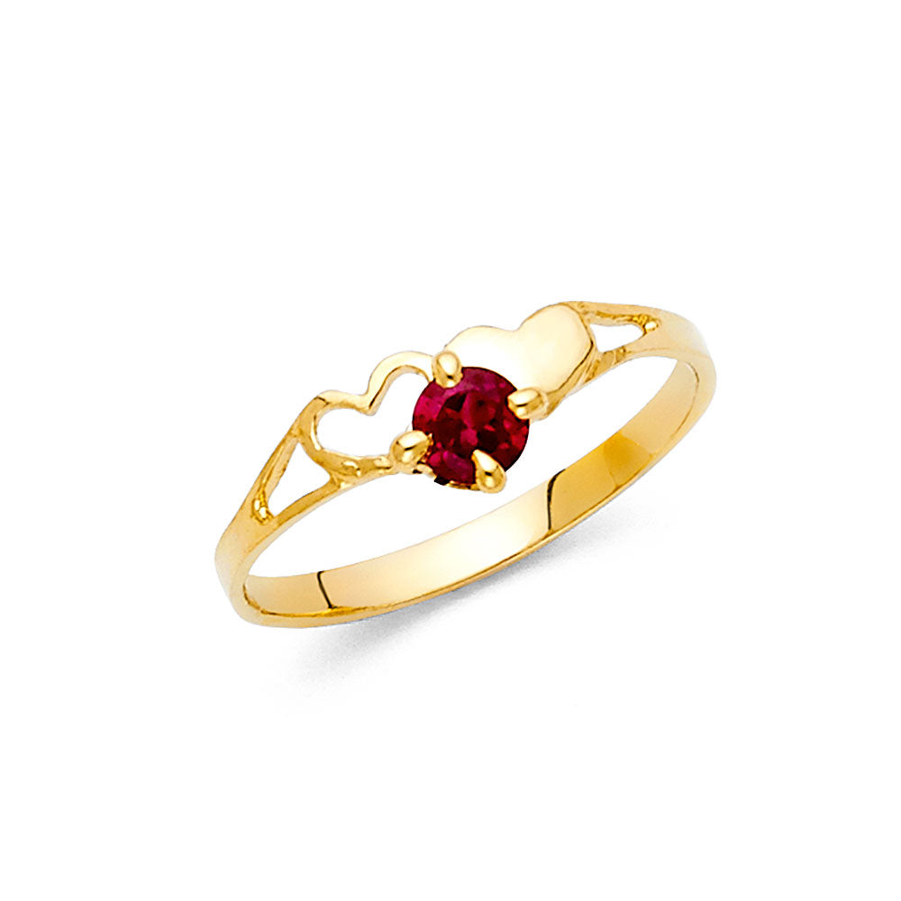 14K Yellow Gold Heart Design Synthetic Red Ruby CZ Ring