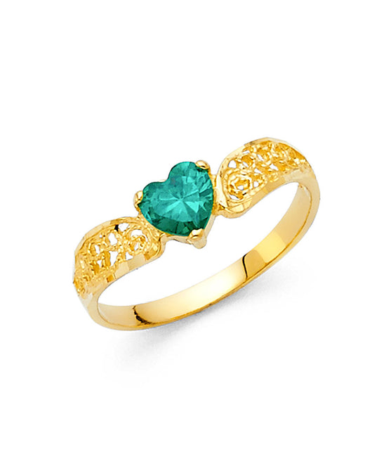 14K Yellow Gold Filigree Design Green  CZ Heart Solitaire Women’s Ring