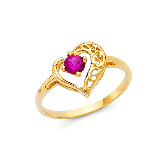 14K Yellow Gold Filigree Heart Design Red CZ Women’s Ring