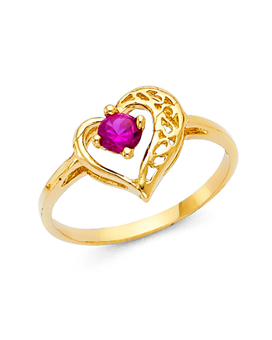 14K Yellow Gold Filigree Heart Design Red CZ Women’s Ring