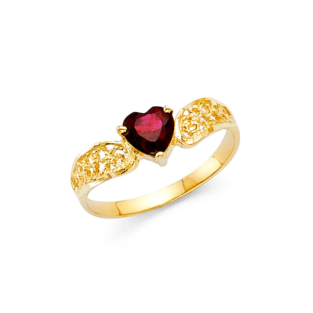 14K Yellow Gold Filigree Design  Red  CZ Heart Solitaire Women’s Ring