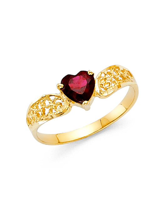 14K Yellow Gold Filigree Design  Red  CZ Heart Solitaire Women’s Ring