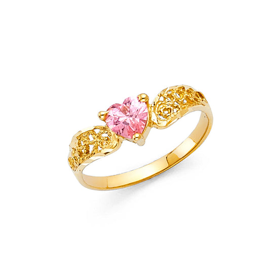 14K Yellow Gold Filigree Design Pink  CZ Heart Solitaire Women’s Ring