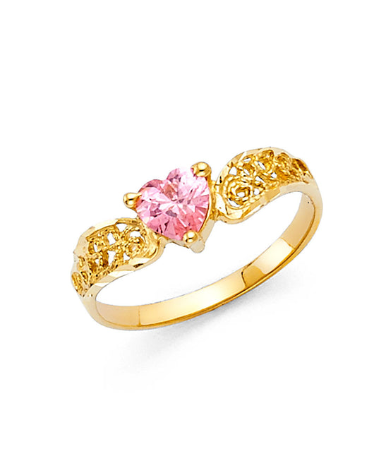 14K Yellow Gold Filigree Design Pink  CZ Heart Solitaire Women’s Ring