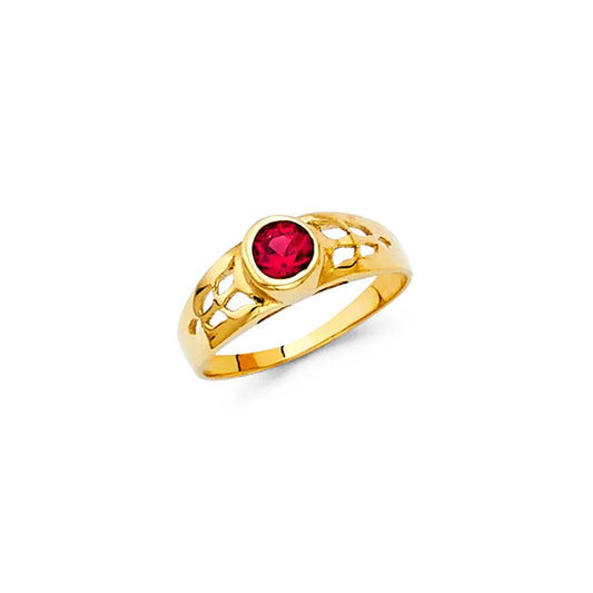 14K Yellow Gold Bezel Set Synthetic Red Ruby CZ Filigree Children’s Ring