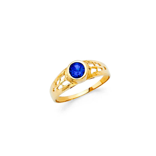14K Yellow Gold Bezel Set Synthetic Sapphire Blue CZ Filigree Children’s Ring