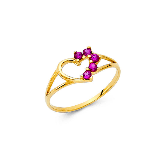 14K Yellow Gold Children’s Open Heart Ring accented with Synthetic Ruby Stones