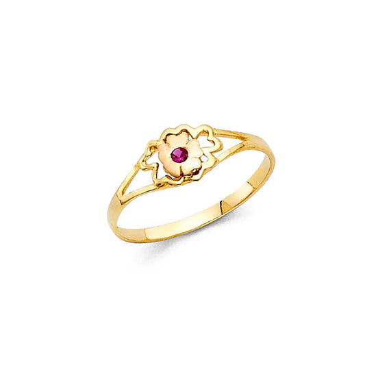 14K Yellow Gold Flower Synthetic Red Ruby CZ Children’s Ring