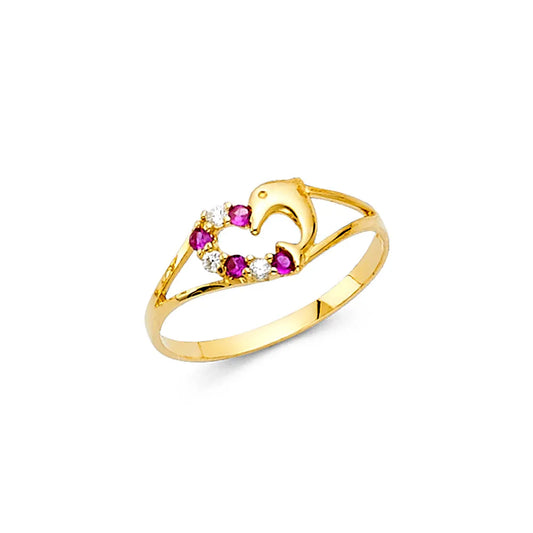 14K Yellow Gold Dolphin Synthetic Red Ruby CZ & CZ Children’s Ring