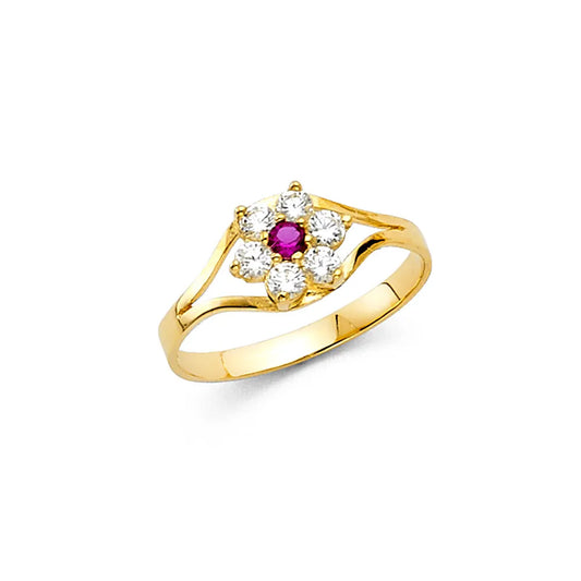 14K Yellow Gold Flower Design Synthetic Red Ruby CZ & White CZ Children’s Ring