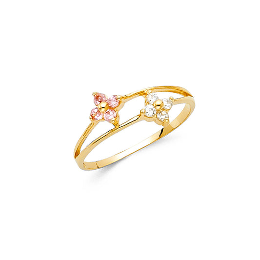 14K Yellow Gold Children’s Double Flower Ring with Synthetic Pink and White Stones