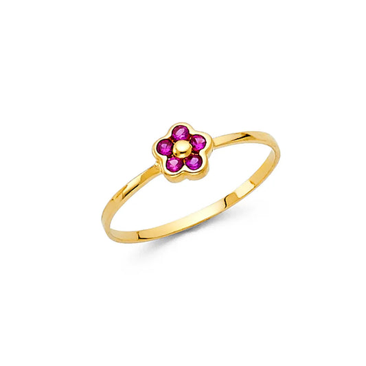 14K Yellow Gold Synthetic Red Ruby CZ Flower Children’s Ring