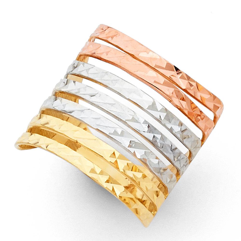 14K Tri-Color Gold Women's Diamond-Cut Multi-Band Ring