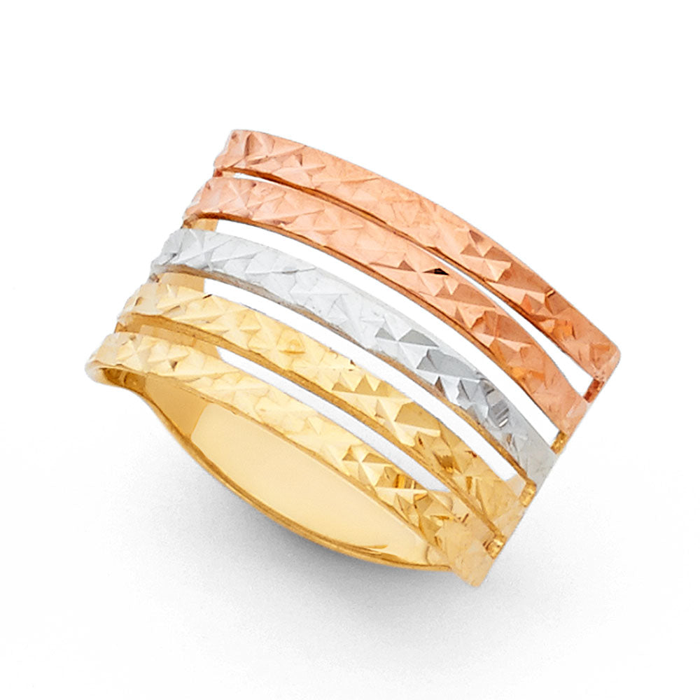 14K Tri-Color Gold Women's Diamond-Cut Multi-Layer Band Ring