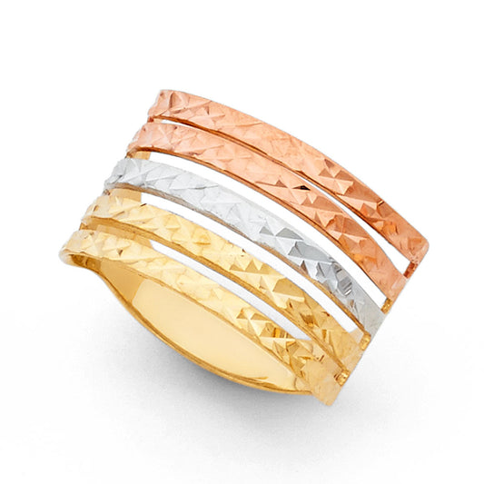 14K Tri-Color Gold Women's Diamond-Cut Multi-Layer Band Ring