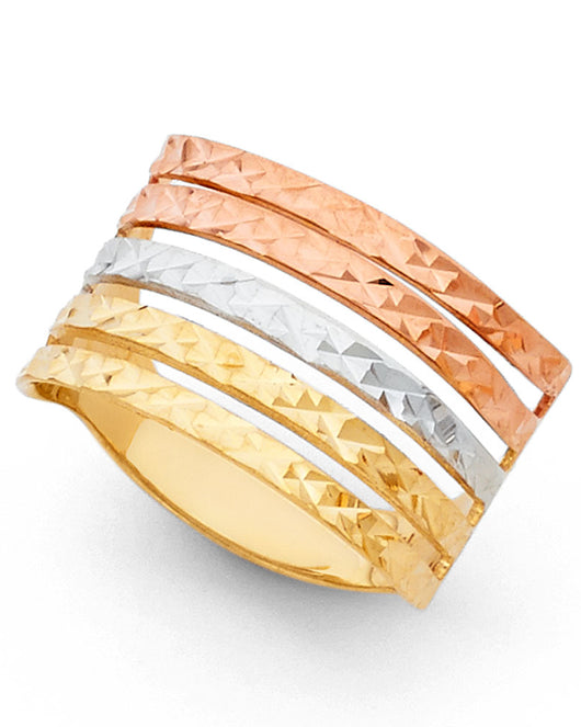 14K Tri-Color Gold Women's Diamond-Cut Multi-Layer Band Ring