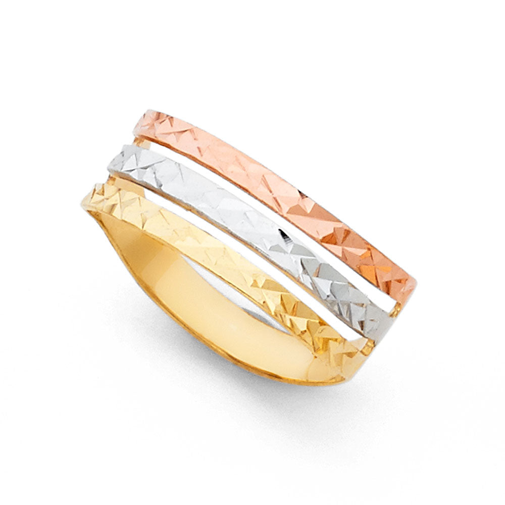14K Tri-Color Gold Women's Diamond-Cut Multi-Layer Band Ring